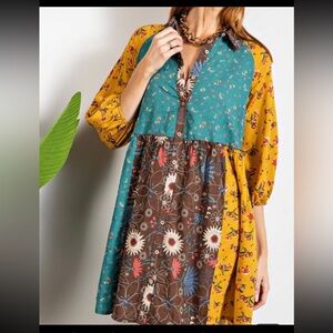 Easel Sz Large Patchwork Boho floral long-sleeve button-down Dress Oversized New